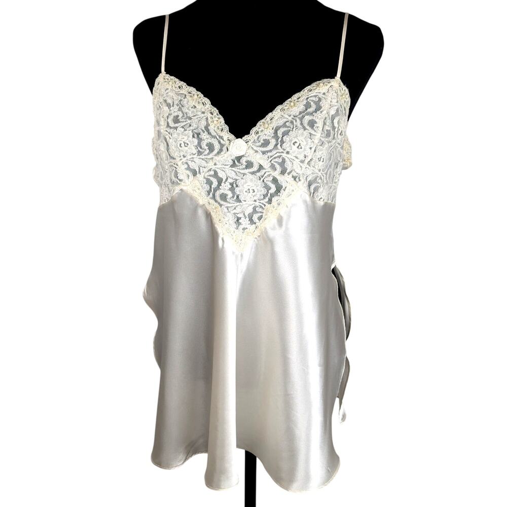 Intimo Amore Vintage Satin Lace Chemise Slip Nightgown Cream Pearl Beaded Large